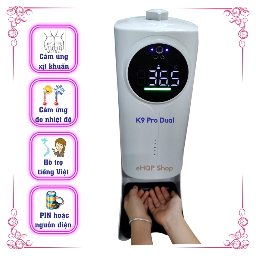 [K9 Pro Dual hỗ trợ tiếng Việt] Máy xịt cồn tự động kết hợp đo thân nhiệt trán và tay, đo thân nhiệt, khử khuẩn tự động, tránh lây nhiễm chéo do tiếp xúc, cảnh báo nhiệt độ cao, eHQP Shop