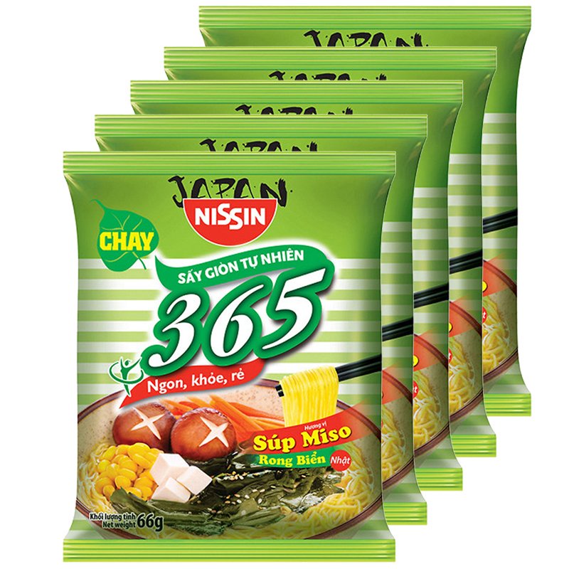 Combo 5 gói mì không chiên nissin 365 xí quách thịt bằm, tôm chua cay, lẩu thái hải sản, rong biển