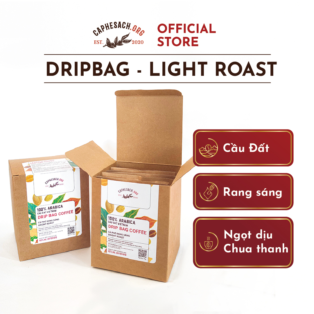Cà phê túi lọc drip bag 100% arabica rang sáng - hộp 8 gói x 15g