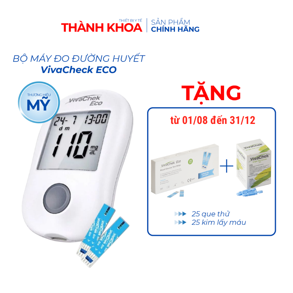 Bộ máy đo đường huyết vivachek eco tặng kèm 25 que thử và 25 kim lấy máu - nhỏ gọn, chính xác, cho kết quả nhanh, mẫu lấy máu ít, được kiểm nghiệm kết quả, chính hãng