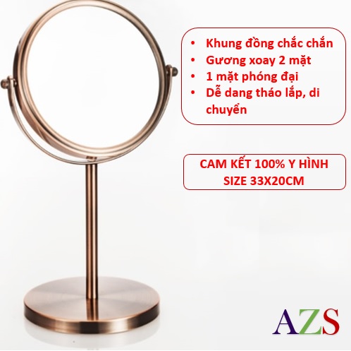 Gương để bàn màu đồng cỡ lớn - Gương trang điểm 2 mặt xoay 360 độ phóng đại sang, xịn, chất.