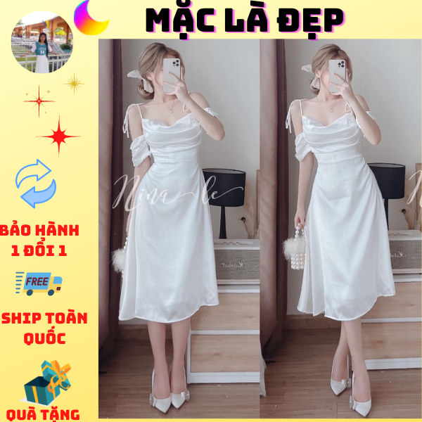 JINLI Váy 2 dây siêu hot Vải đũi chun mềm đẹp, khoá lưng ôm dáng, xếp ly 08