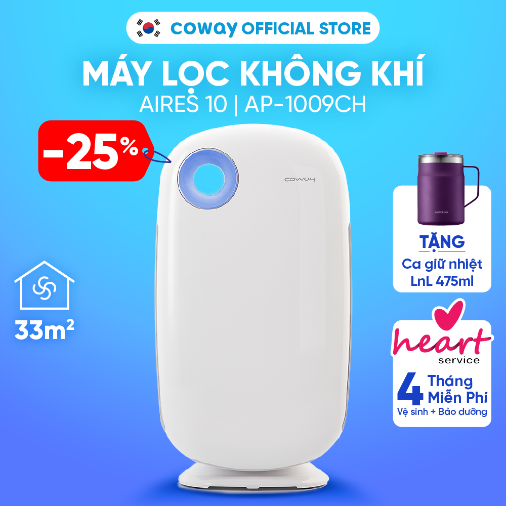 [Chỉ giao HN và TP.HCM] Máy lọc không khí Coway Aires (10) AP-1009CH | Diện tích 33m2 | Cảnh báo thay màng lọc, cảm biến chất lượng không khí | Hàng chính hãng