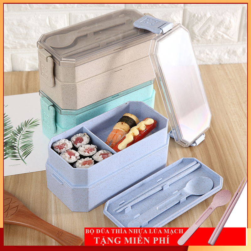 Hộp cơm 2 tầng lúa mạch Chịu đc 120 độ, nhựa thực phẩm và bột lúa mạch, nhựa sinh học an toàn cho sức khỏe, Hộp đựng cơm lúa mạch kèm muỗng, đũa tiện lợi