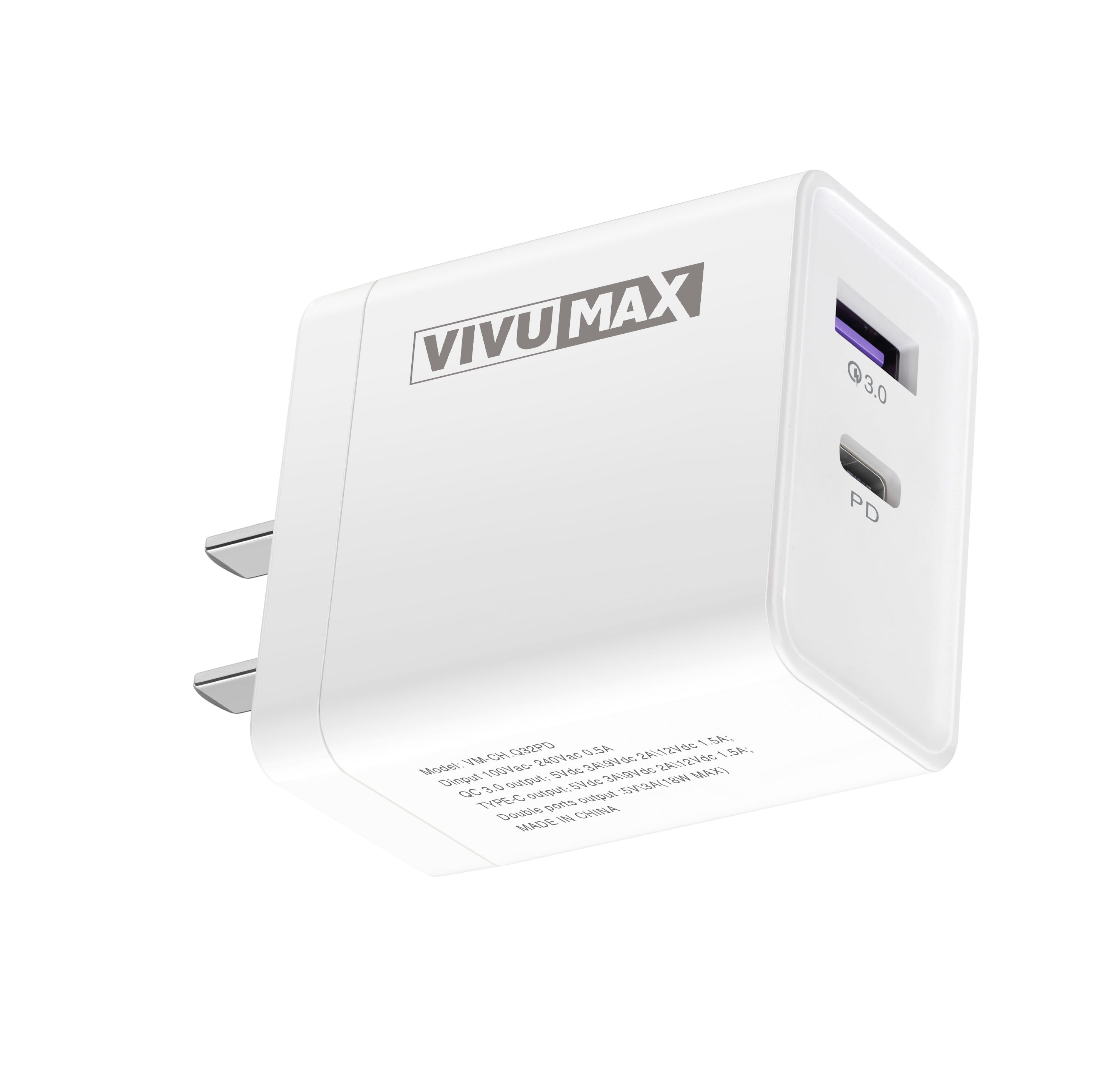 Củ sạc nhanh 20W cao cấp Vivumax Q320PD -  01 cổng sạc USB và 01 cổng sạc PD (Type C) – Hàng Chính Hãng, Bảo Hành Chính hãng 12 Tháng