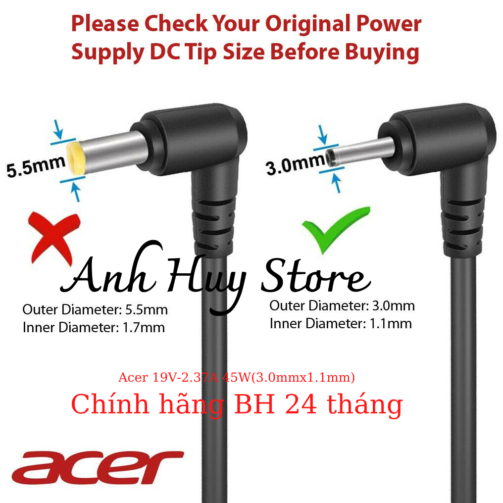 Sạc Laptop Acer 19V-2.37A 45W Chân Nhỏ (3.0mm*1.1mm) Acer W700 S3 S5 S7 V3-331 V3-371 V3-372