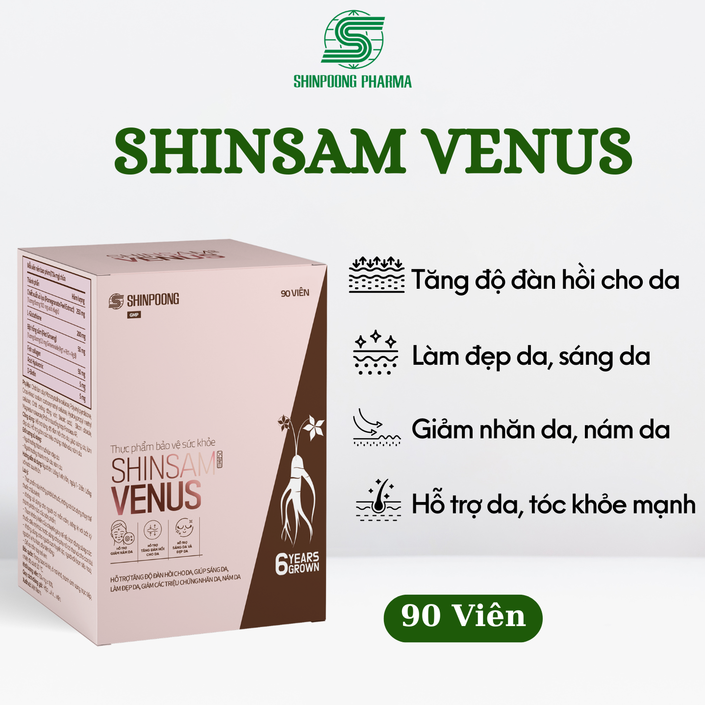 (Hộp 90V) Viên Uống SHINSAM VENUS Hỗ Trợ Tăng Độ Đàn Hồi Cho Da, Giúp Sáng Da, Làm Đẹp Da, Giảm Các Triệu Chứng Nhăn Da, Nám Da - SHINPOONG PHARMA