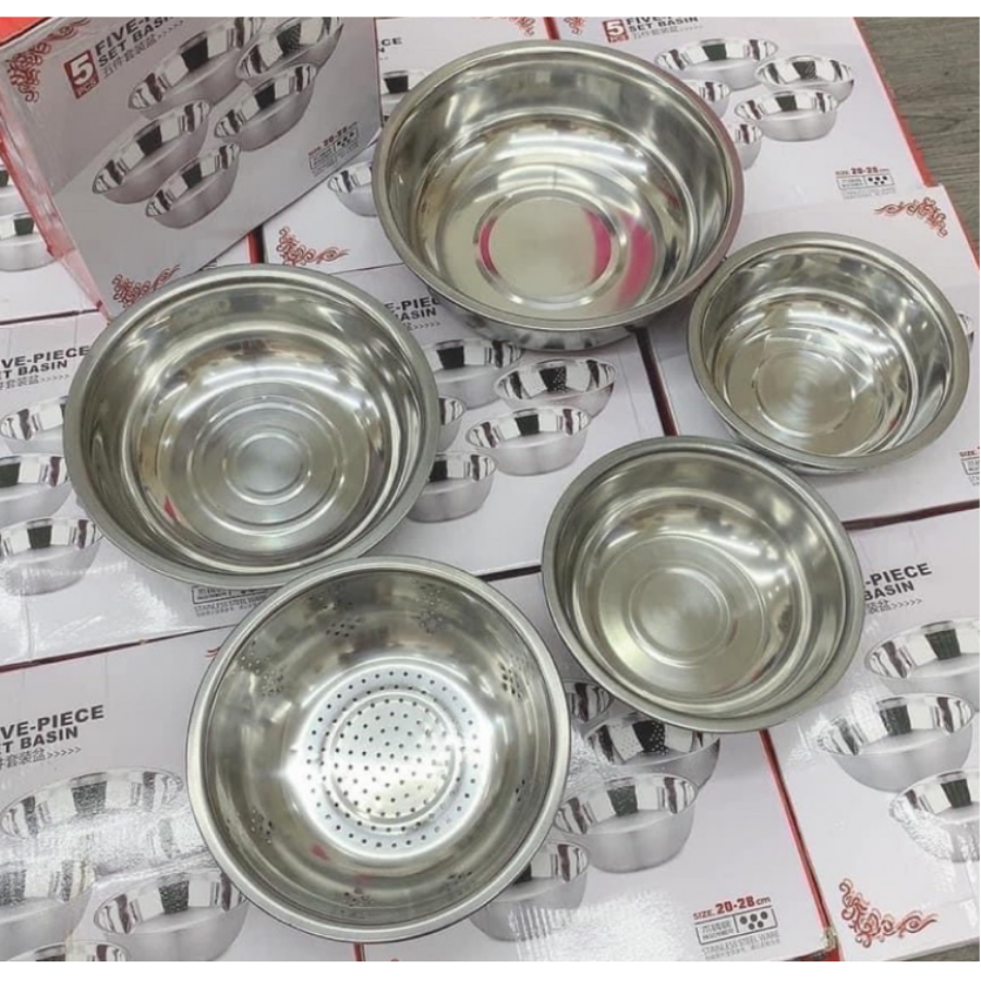 Bộ 5 thau rổ bằng inox gồm 5 kích thước 16cm, 18cm, 20cm, 22cm, 24cm dùng trong nhà bếp