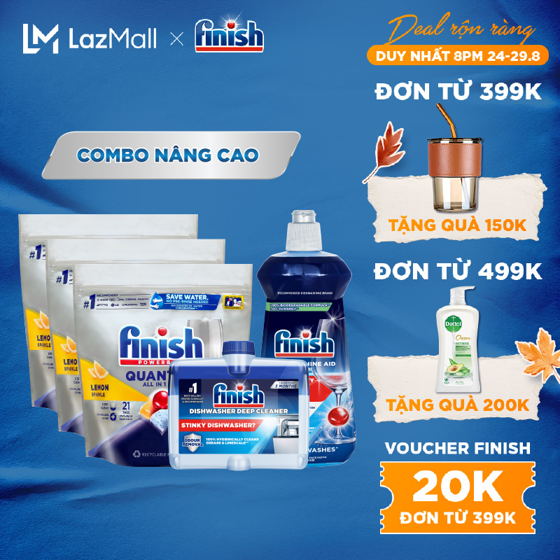Combo nâng cao: 3 x túi 21 viên nước rửa bát powerball quantum + nước làm bóng rinse & shine aid + dung dịch tẩy rửa máy rửa chén bát