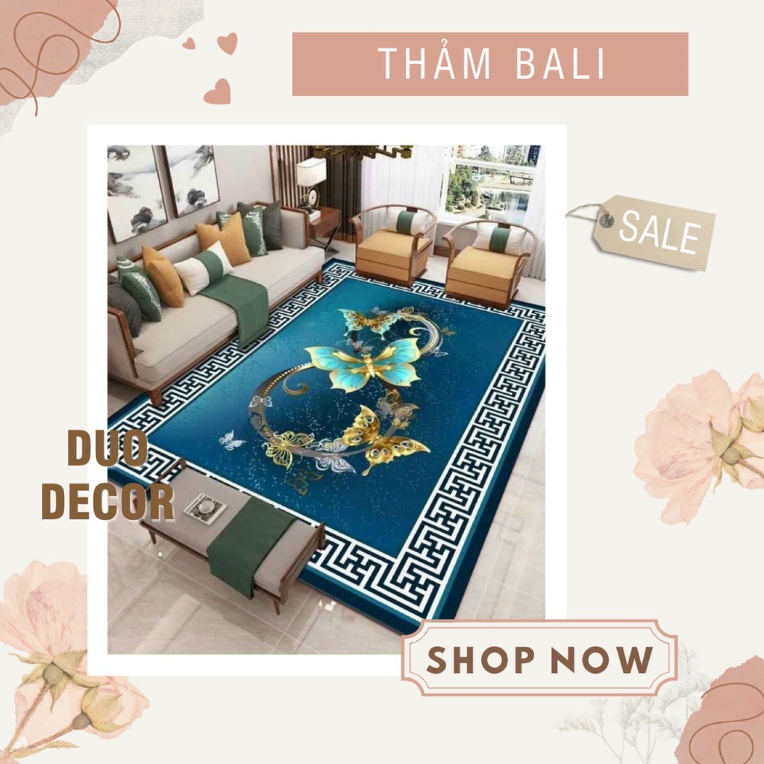 Thảm bali Duo Decor - thảm trải sản trang trí nhập khẩu kích thước 1m6x2m3, 2mx2m3