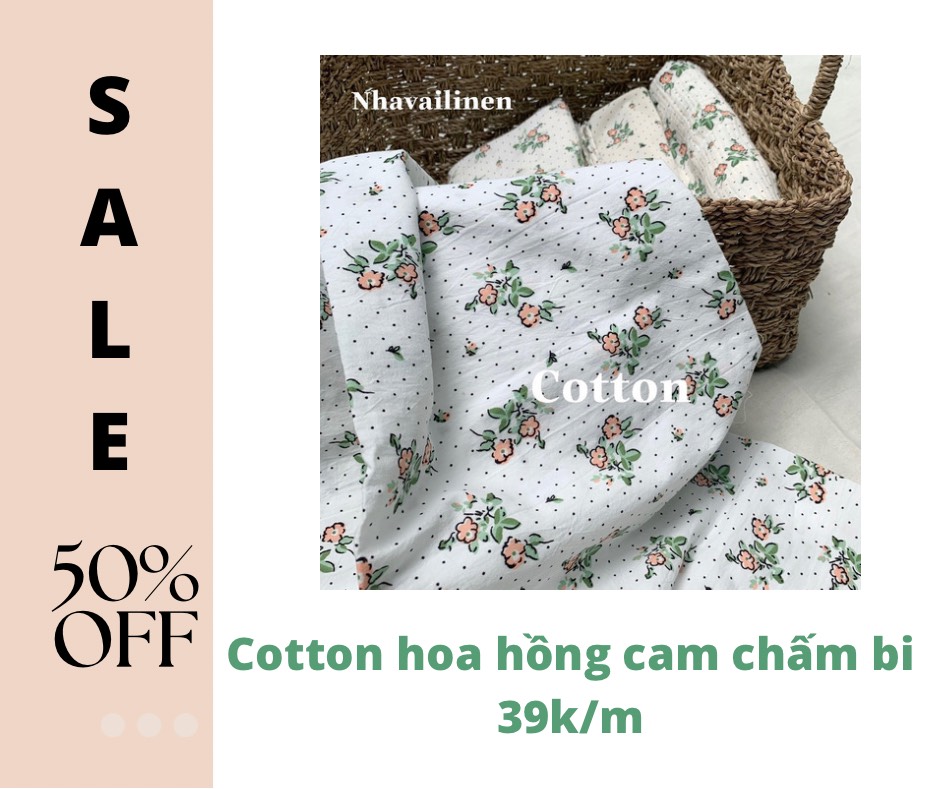 Vải cotton hoa hồng cam chấm bi