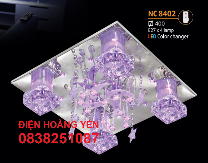 Đèn ốp trần led vuông nc8402 led đổi màu, có remote