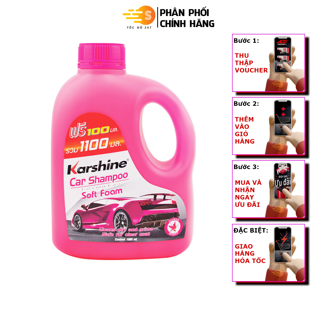 Xà bông rửa xe đậm đặc Karshine KA-RX1100 1100ml - Tốc Độ 247, Tẩy sạch bụi và cặn bẩn mà không làm mất lớp sáp bảo vệ sơn bóng.