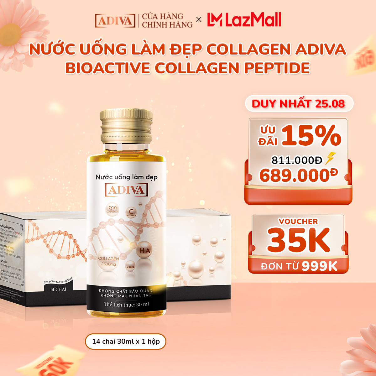 Nước uống làm đẹp collagen adiva tem trắng - giúp làn da săn chắc, ẩm mịn và căng bóng