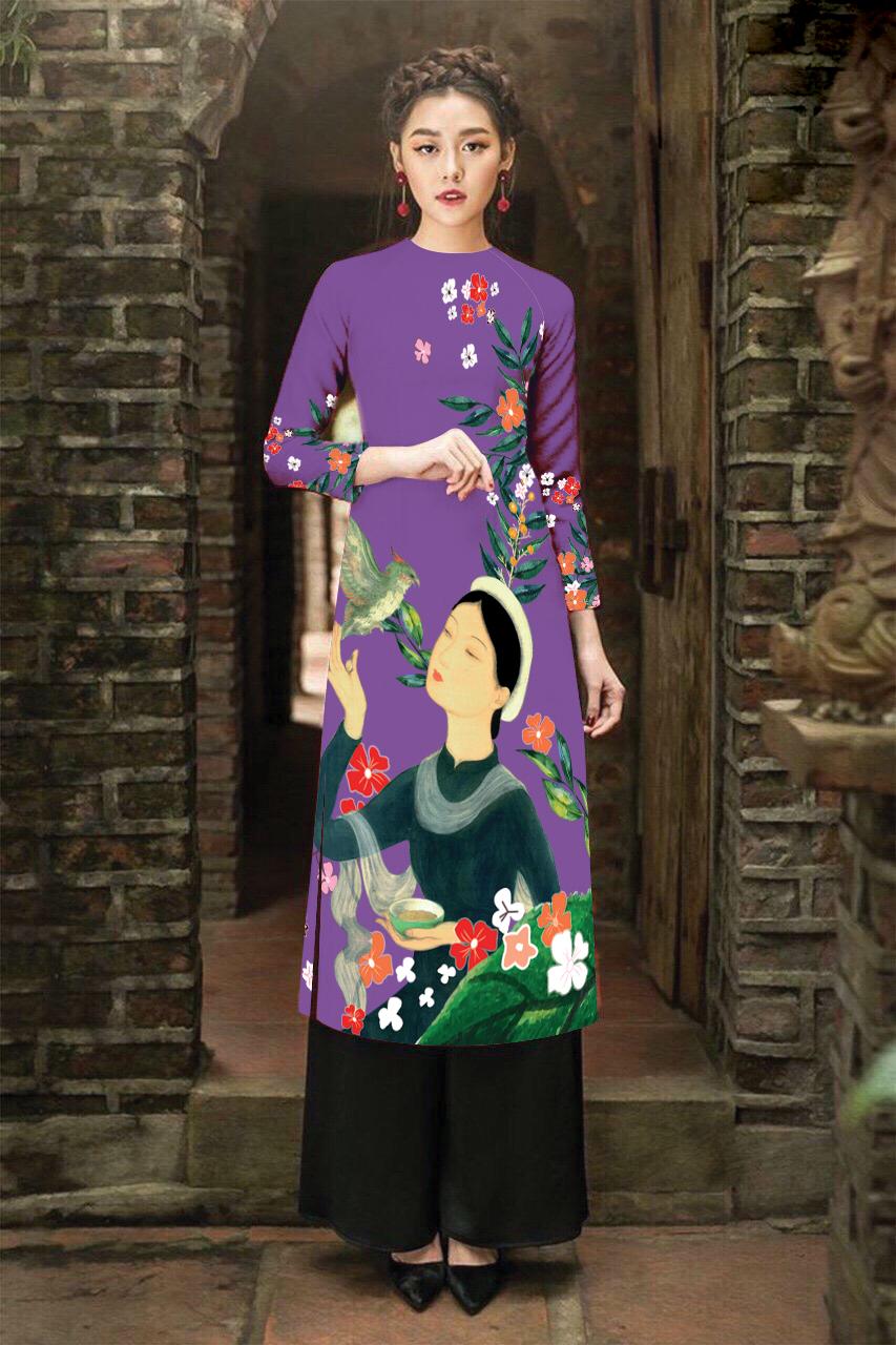 áo dài cách tân in cô gái phối quần cao cấp - KHÔNG KÈM QUẦN