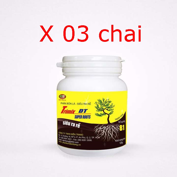 Phân bón lá siêu ra rễ TRIMIX DT super roots 120gr, có bổ sung vitamin B1 giúp kích thích ra rễ cực mạnh, kích thích cây tăng trưởng, chống rụng hoa & tăng đậu trái