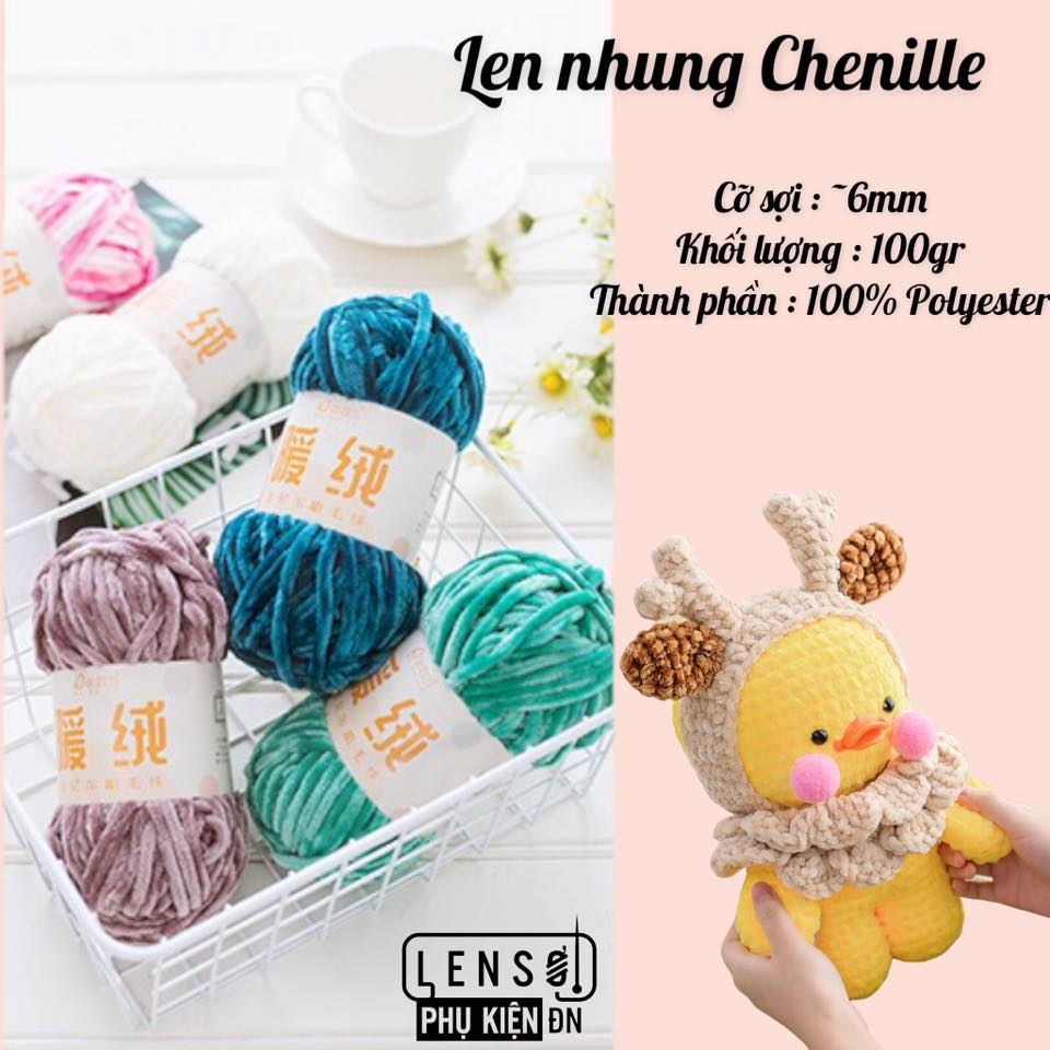 Len nhung chenille mềm, mịn, nhẹ, không rụng lông, cuộn 100gr - mã màu 22 - 37