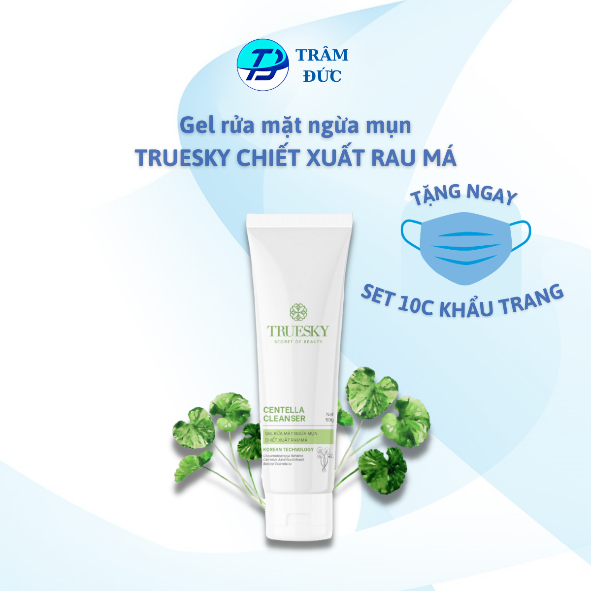 [VOUCHER 8%] Gel rửa mặt ngăn ngừa mụn Truesky Centella Cleanser chiết xuất RAU MÁ 50g