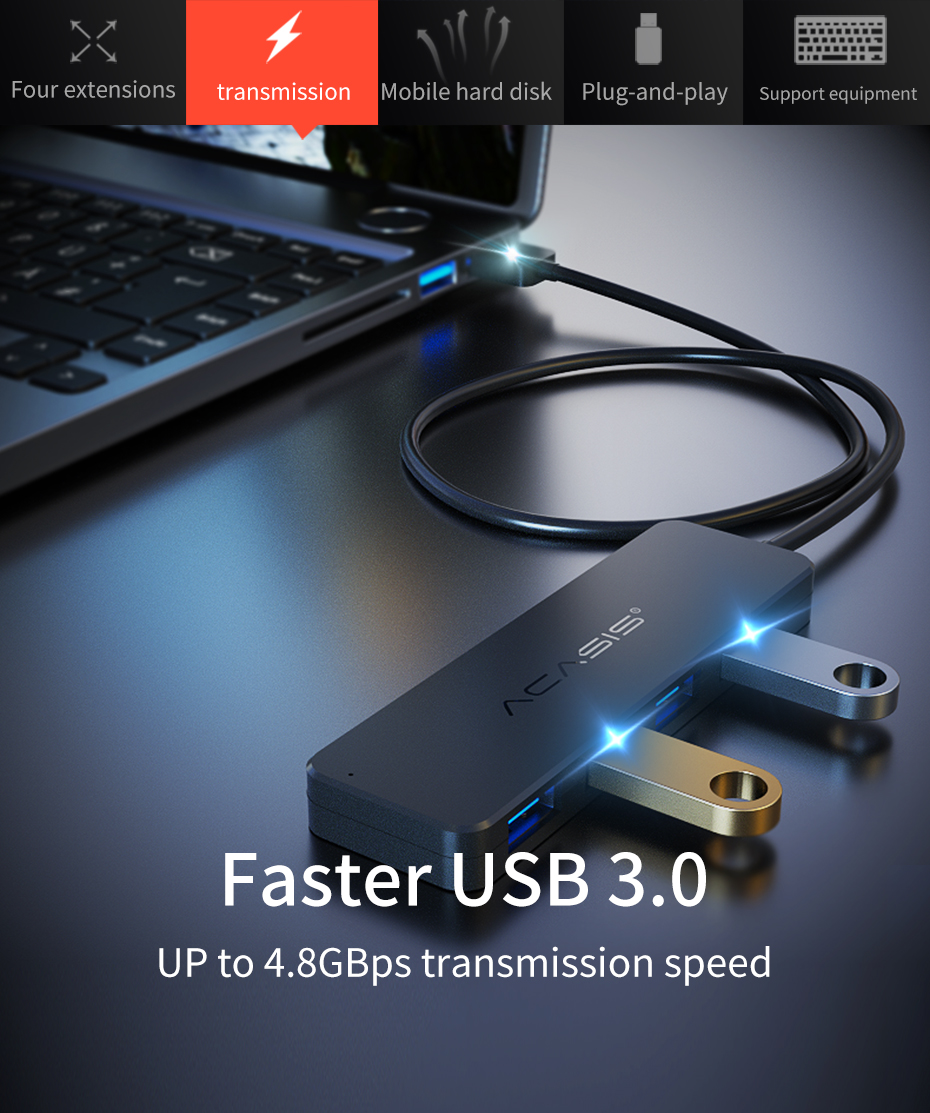 ACASIS HUB USB 3.0 5 cổng Adapter Nickel-plated Interface Aluminum Foil shell Micro USB Power