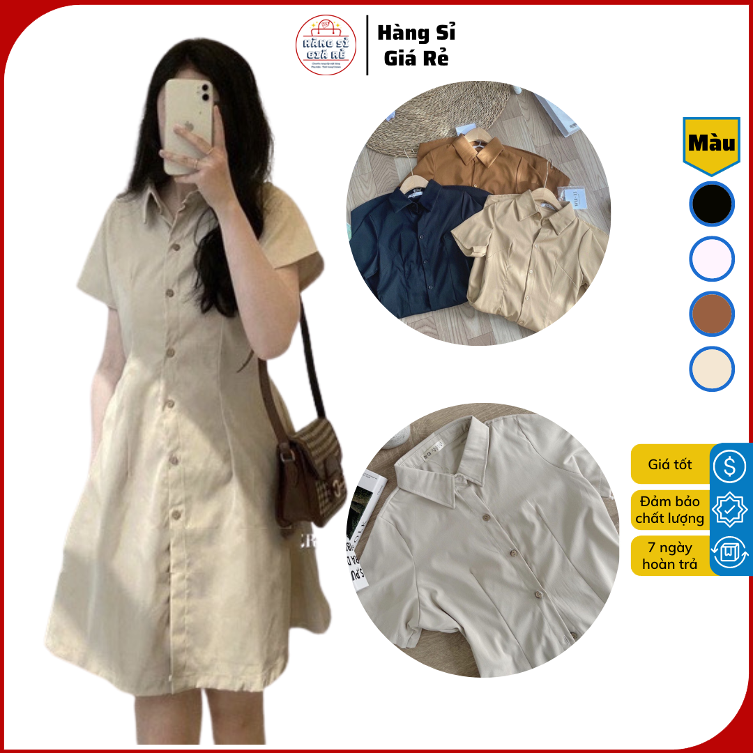 Váy kaki cổ sơ mi cúc dọc 4 màu basic trẻ trung, đầm thiết kế đơn giản thanh lịch - Váy Nữ Đi Tiệt DU Lịch Có Tay NGắn 01