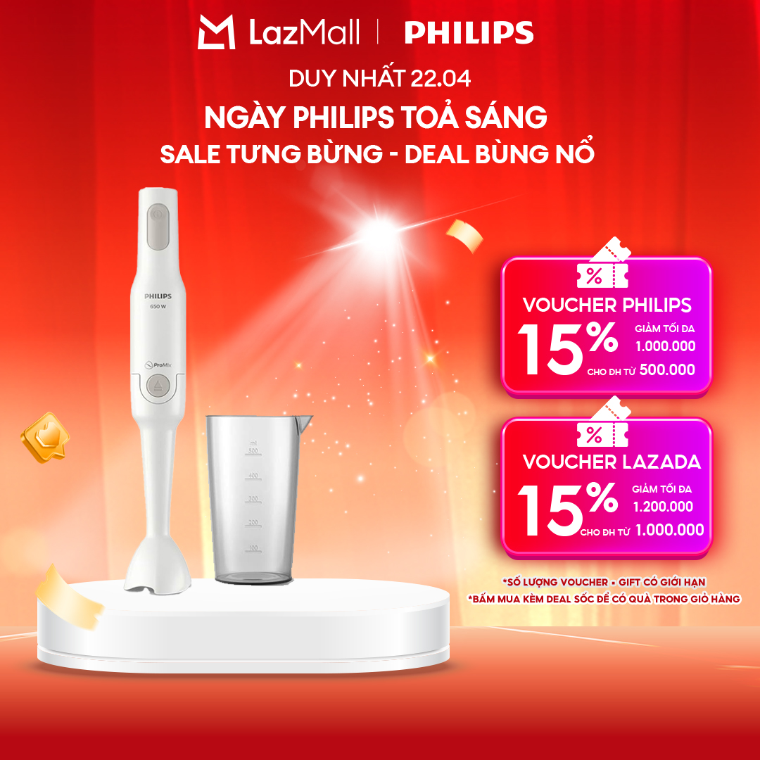 [NGÀY THƯƠNG HIỆU TỎA SÁNG DUY NHẤT 22.04] Máy Xay Sinh Tố Cầm Tay Philips Promix HR2531/00 (Trắng)-Hàng Phân Phối Chính Hãng