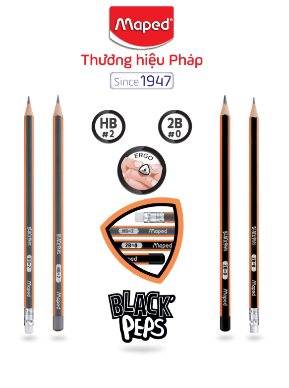 Maped - bút chì đen gỗ maped có gôm/không gôm 2b/hb - 1 cây