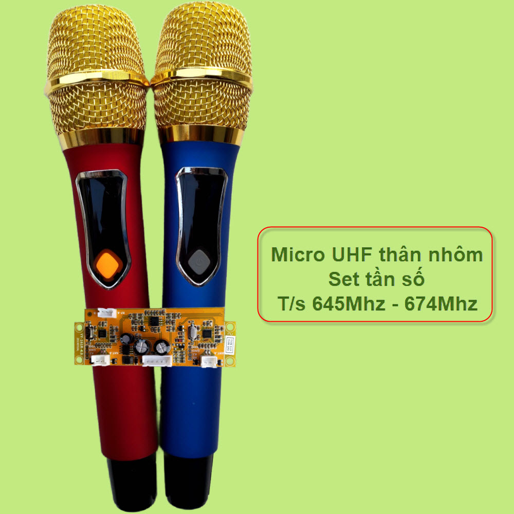 Micro không dây đôi UHF 645Mhz - 674Mhz cho loa kéo dạng phím bấm - thân nhôm, micro cho loa kéo - ampli