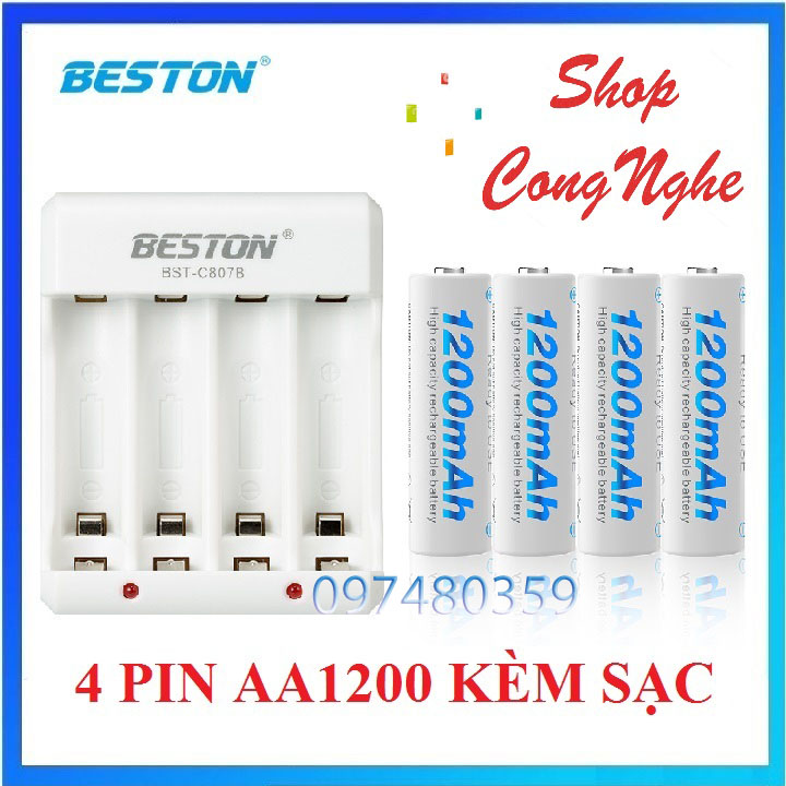 Combo 4 pin AA1200 kèm sạc hãng BESTON | Pin mic không dây đồng hồ treo tường đèn flash máy ảnh chuột bay điều khiển smartTV loại dùng pin tiểu