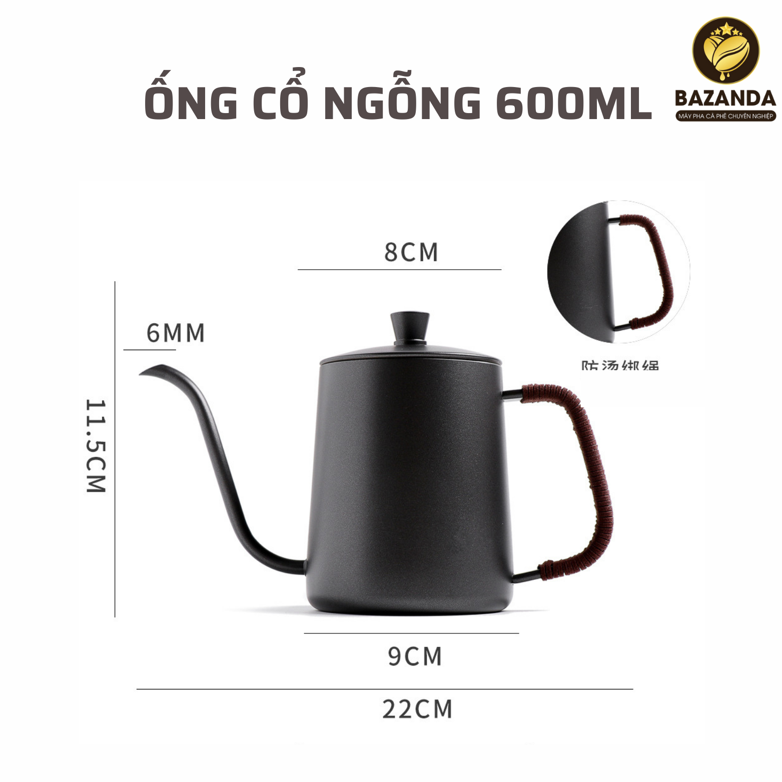 Ấm Cổ Ngỗng Rót Nước Pha Cà Phê inox 304 Đen (teflon) 600ML Bọc cách nhiệt