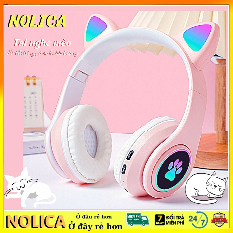 Tai nghe mèo cute bluetooth 7 màu chụp tai không dây phát sáng có mic đèn led giả rẻ xịn chính hãng NOLICA B39