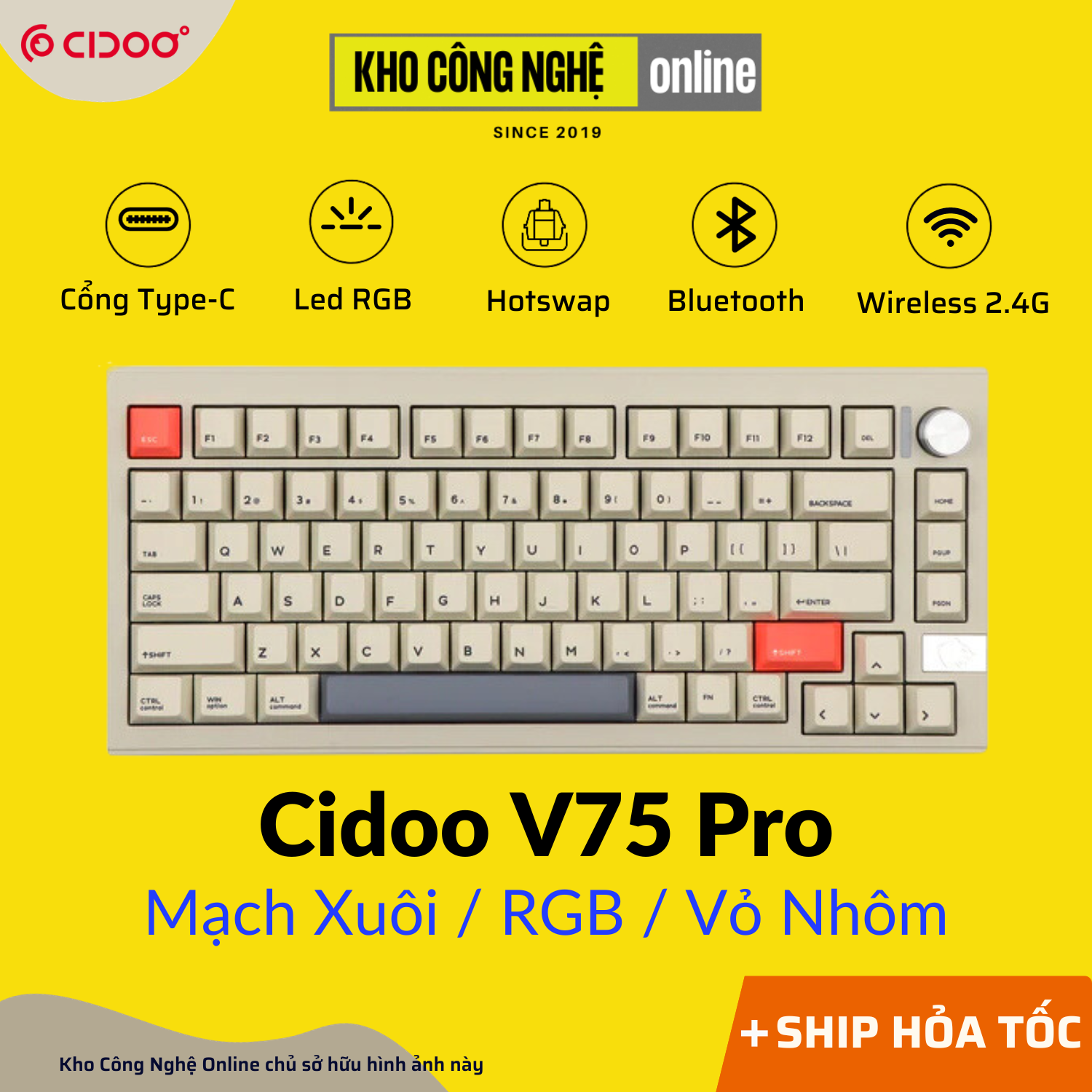 Cidoo v75 pro - bàn phím cơ cidoo v75 pro 3 mode, vỏ nhôm, mạch xuôi