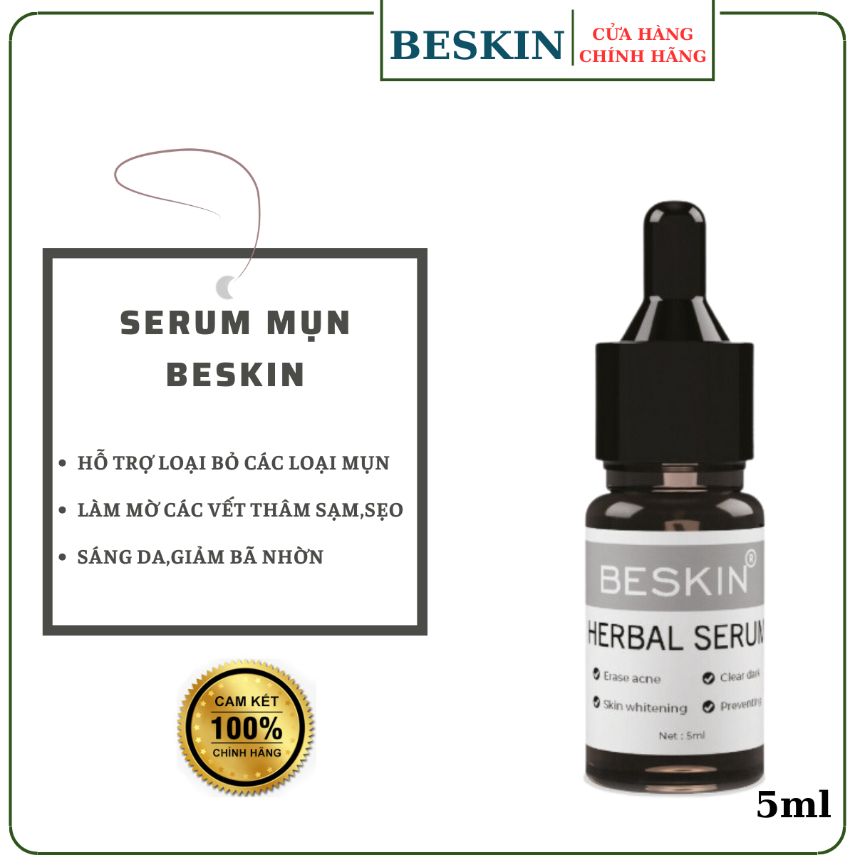 Serum Mụn Beskin Herbal Serum,Sạch Mụn,Mờ Thâm Giúp Làm Đều Màu Da 5 ml
