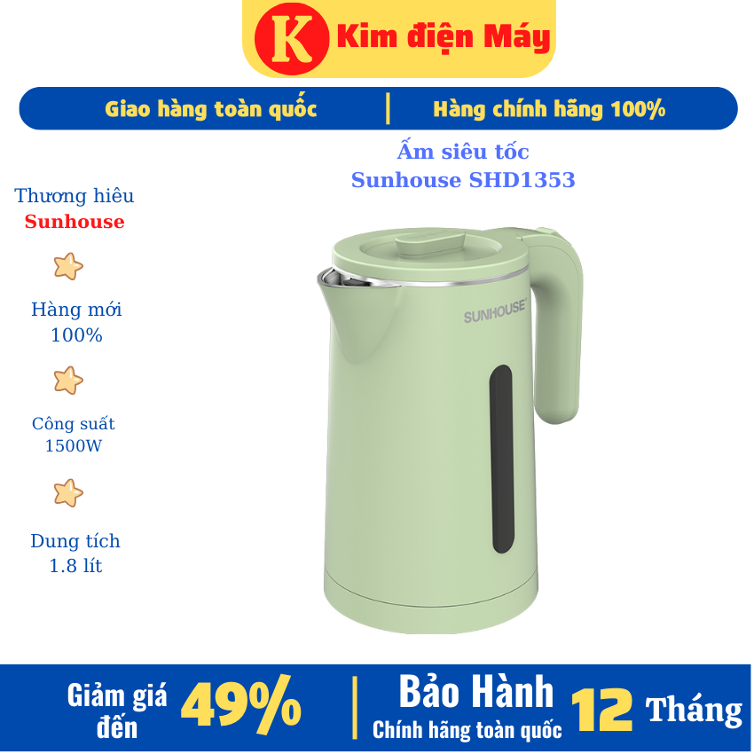 Ấm siêu tốc Sunhouse SHD1353 ấm đun nước siêu tốc 1l8 1500W tiết kiệm điện bình đun 2 lớp cách nhiệt bảo hành 12 tháng toàn quốc-