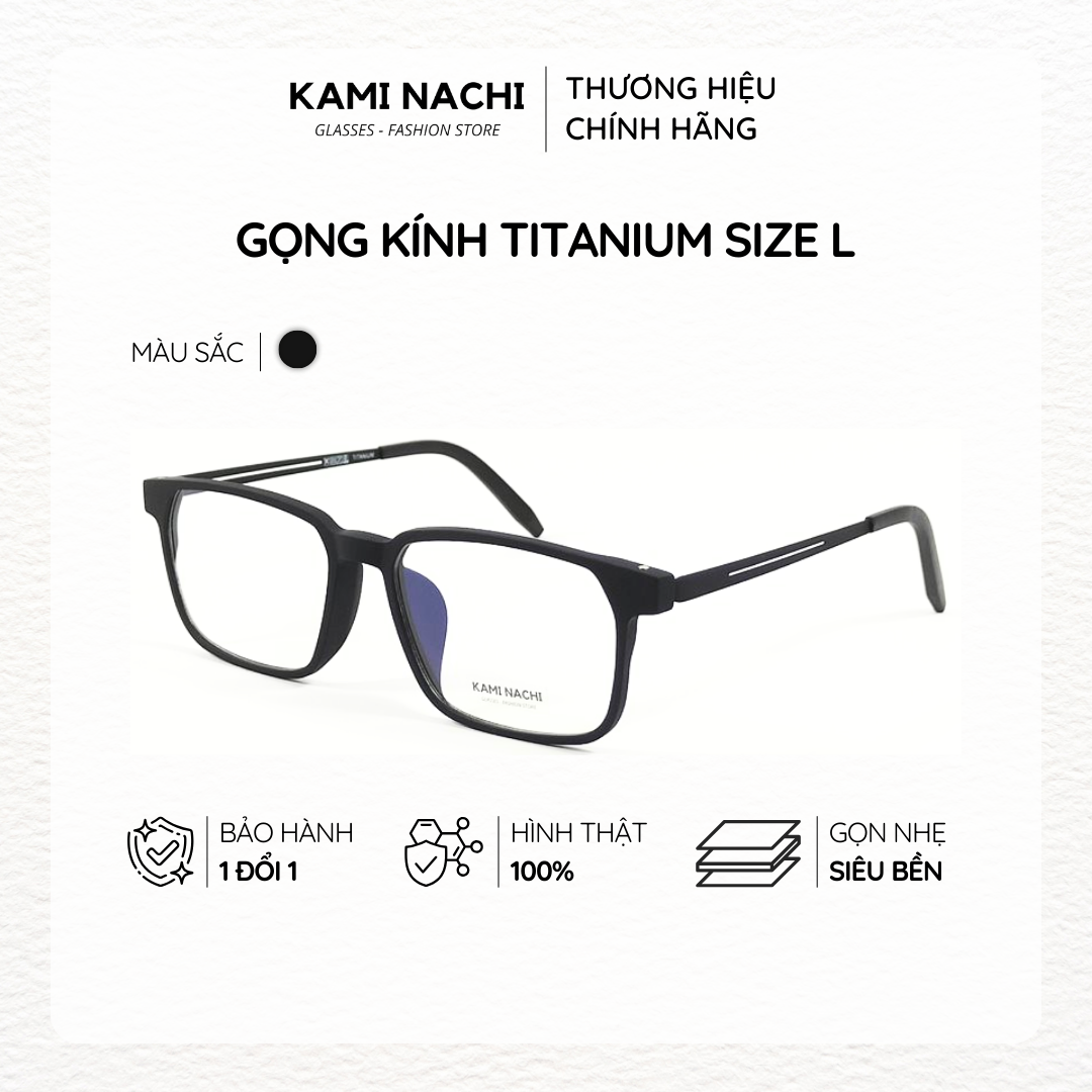 Gọng kính Titanium đen nhám dáng vuông thanh mảnh KAMI NACHI phong cách tối giản vuông Size L