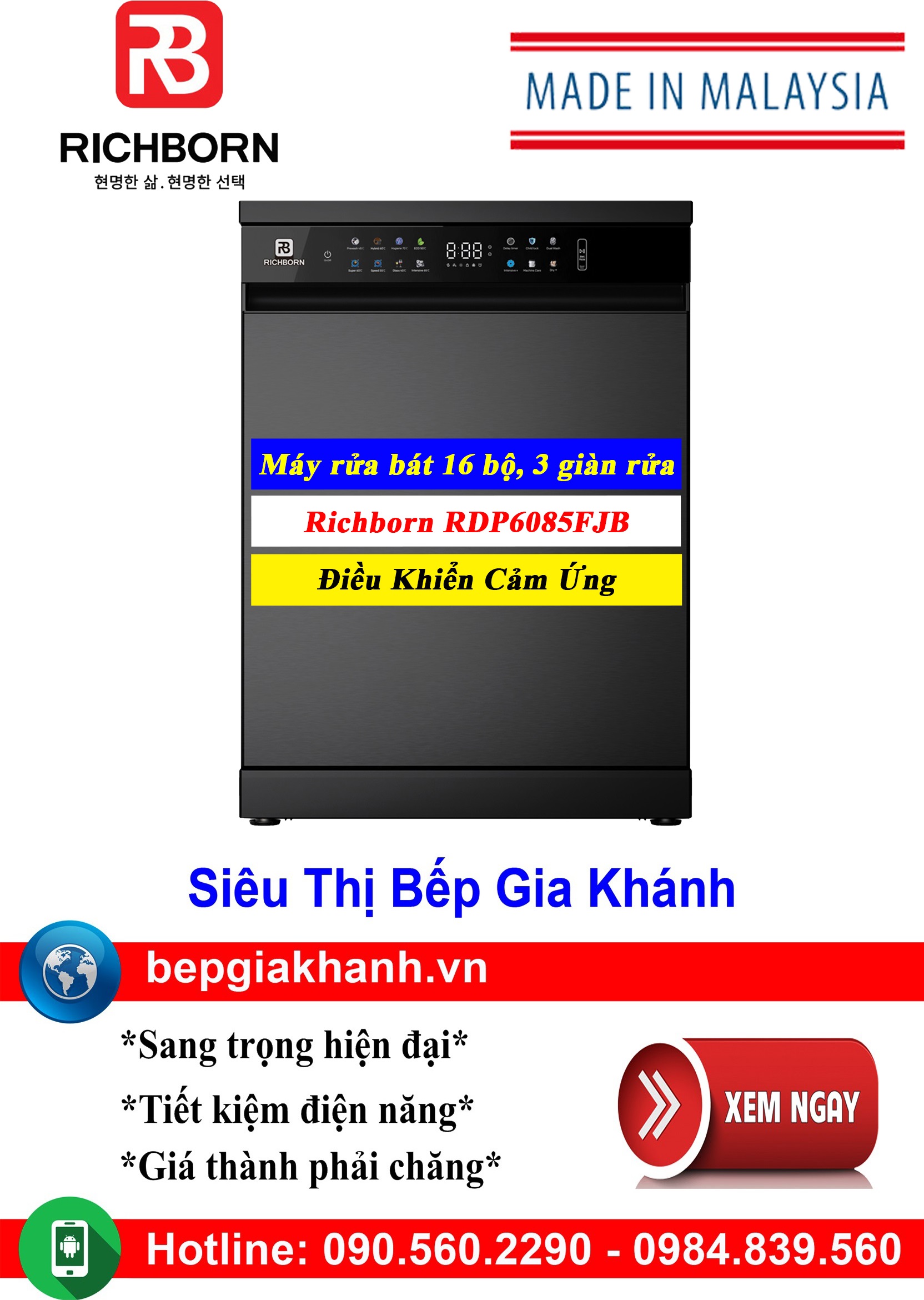 Máy rửa bát 16 bộ Richborn RDP6085FJB nhập khẩu Malaysia | Màu Đen | 3 Giàn Rửa, máy rửa chén, máy rửa chén bát, máy rửa bát máy rửa bát giá rẻ, may rua bat, may rua chen may rua bat gia re