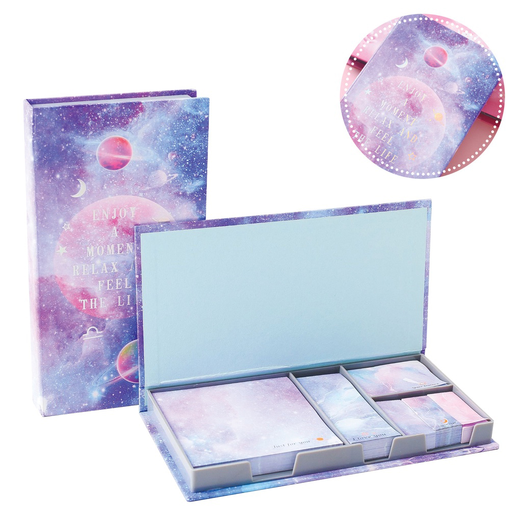 Bộ 6 tập giấy note ghi chú họa tiết galaxy nhiều kích thước có hộp đựng xinh xắn Kool HL362