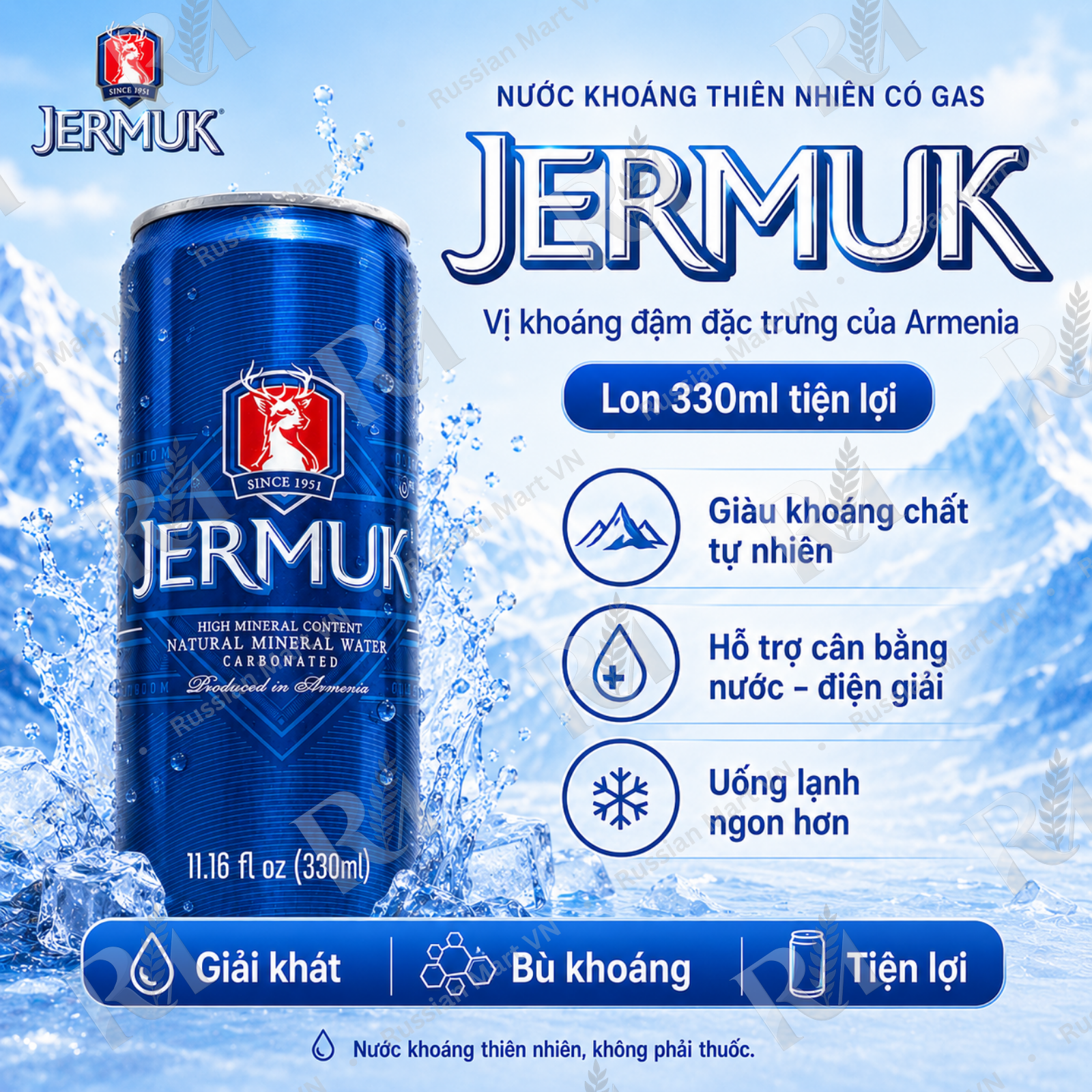 Nước Khoáng Thiên Nhiên Có Gas Jermuk 330ml Dạng Lon - Soda Khoáng Armenia, Nước Soda Có Gas Giàu Khoáng Tự Nhiên (Bicarbonat, Sulfat, Natri, Kali, Canxi, Magie), Vị Khoáng Đậm, Lon Tiện Mang Theo Cho Thể Thao & Văn Phòng - Russian Mart VN