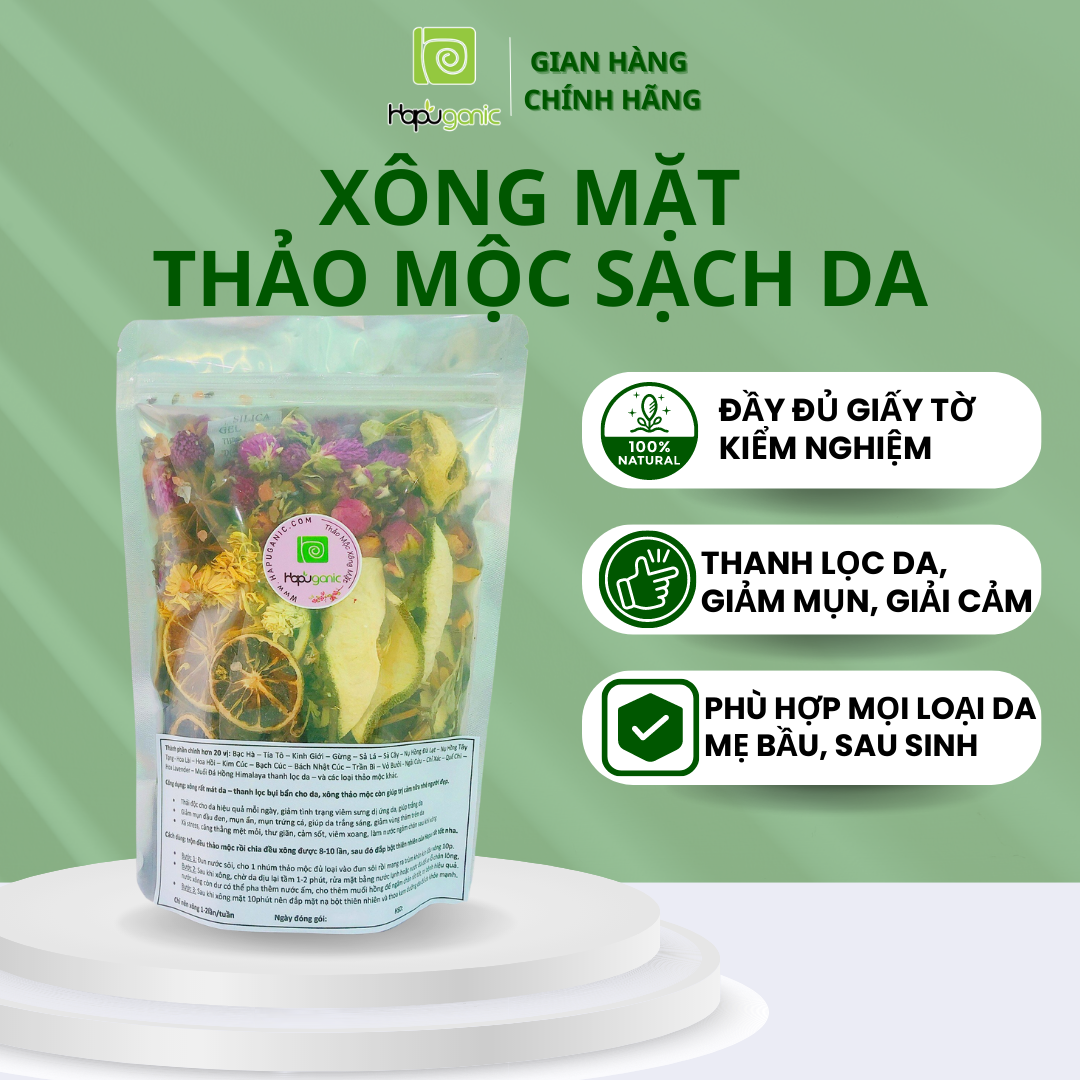 Thảo Mộc Xông Mặt Nhà Làm Hapu Organic Đẩy Mụn Ẩn, Giảm Các Loại Mụn, Dưỡng Da, Thanh Lọc Cho Da, Tẩy Tế Bào