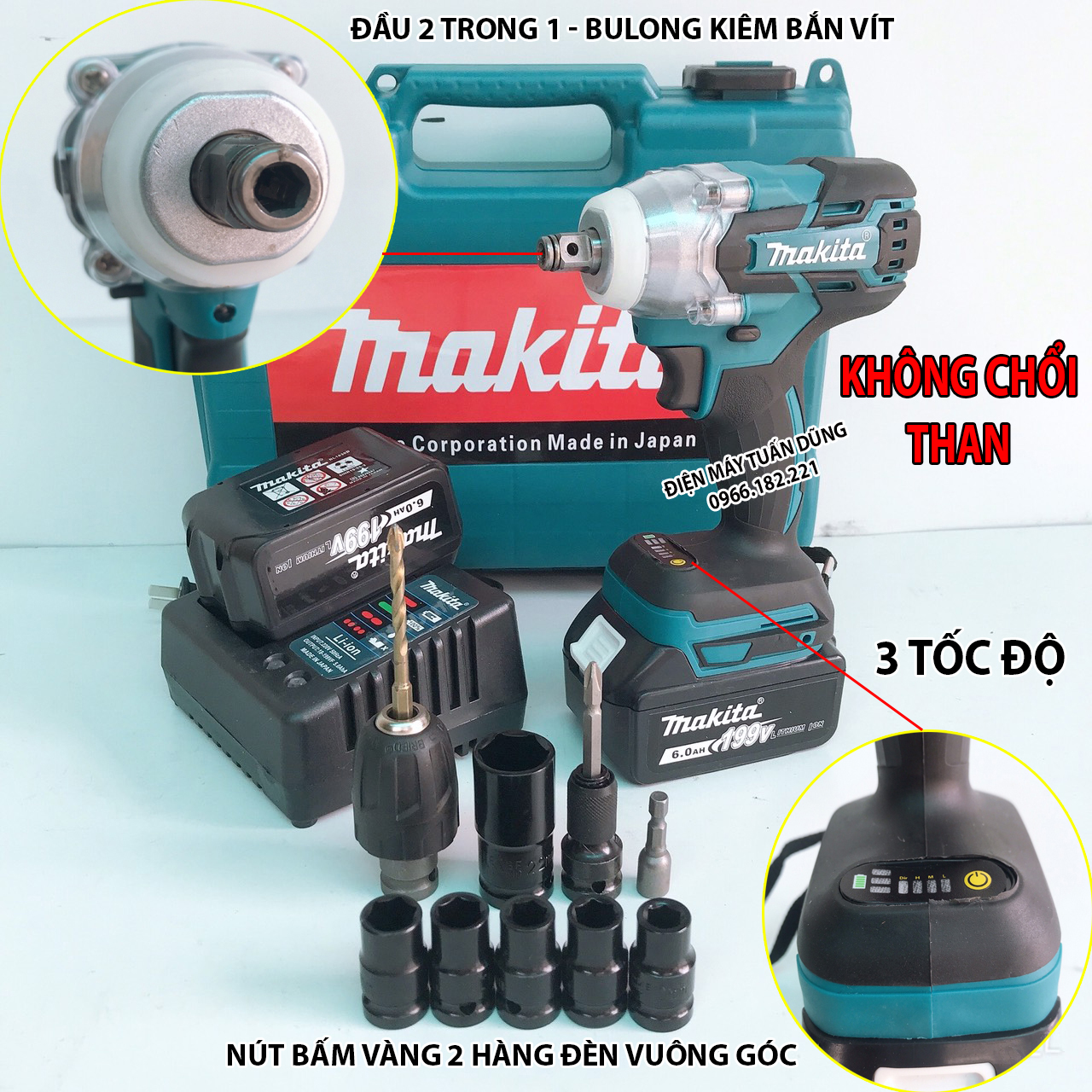 Máy bắn bulong dùng pin Makita 199V Lực siết 500Nm BỘ SẢN PHẨM 2 PIN TẶNG BỘ PHỤ KIỆN 10N + MŨI KHOAN 6 + 5 KN