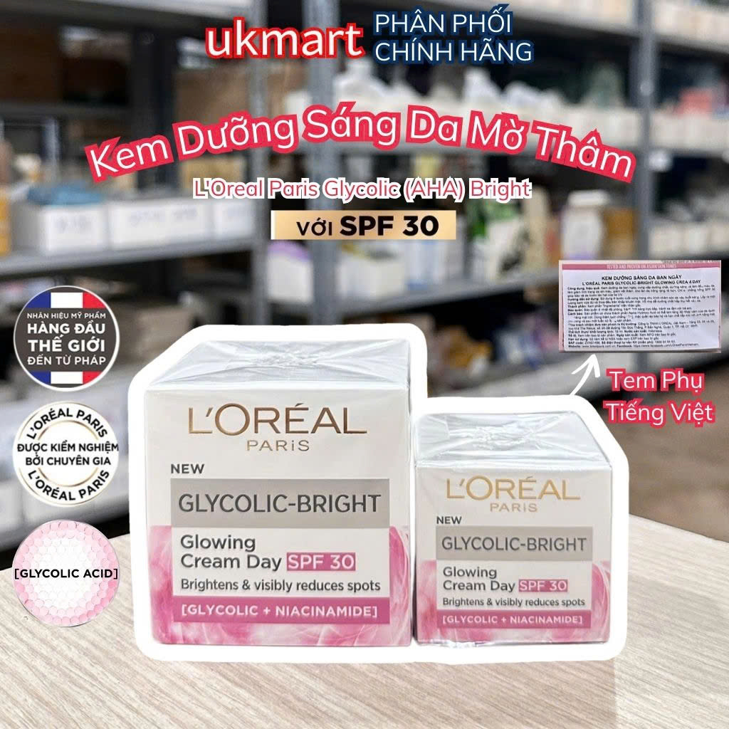 Kem Dưỡng L'Oreal Sáng Mịn Mờ Thâm Nám Ban Đêm & Ban Ngày 15ml - 50ml Loreal Glycolic-Bright Glowing Cream Night & Day