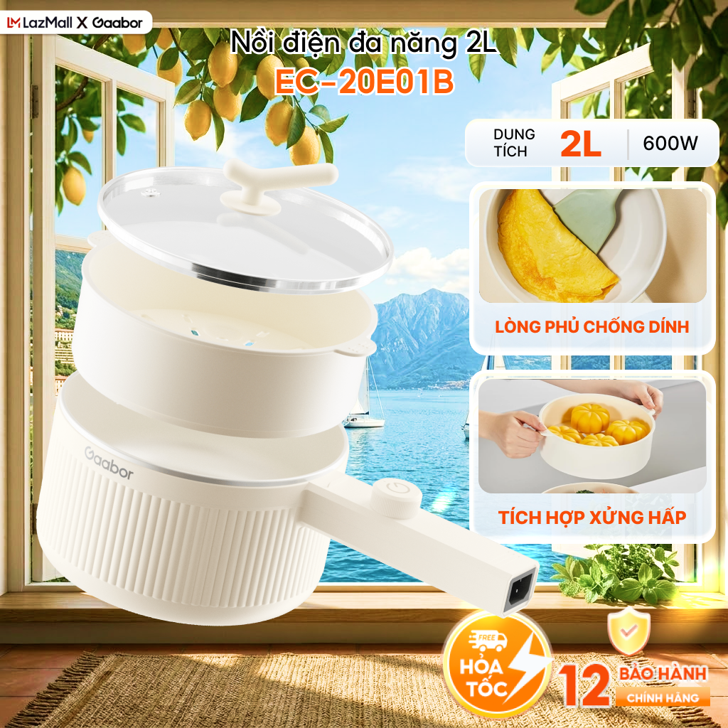 ( Kèm xửng hấp) Nồi đa năng dung tích 2L nồi điện công suất 600W cán dài chiên nấu xào hấp Gaabor  EC-20E01B - Bảo hành 12 tháng 1 đổi 1