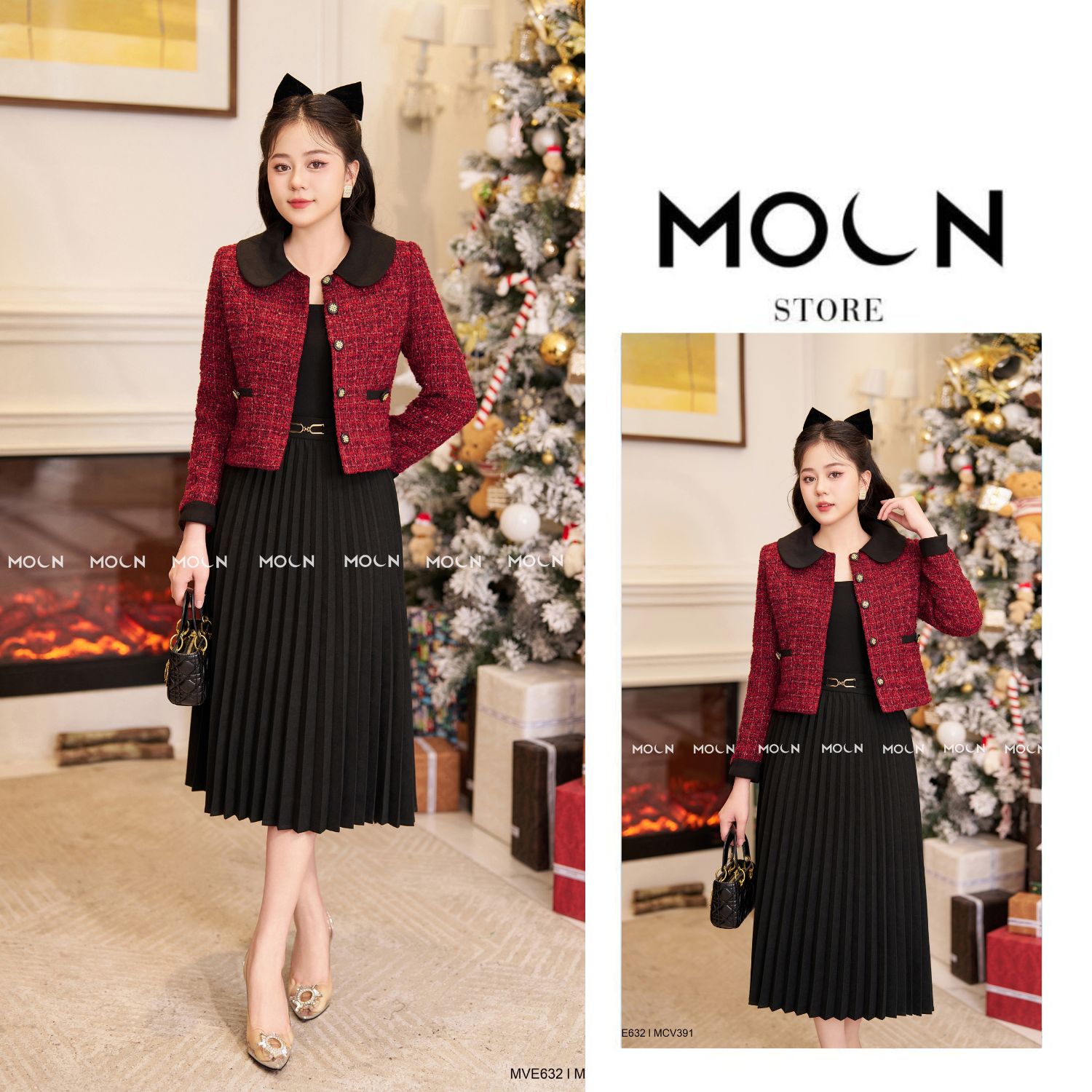 Áo vest dạ nữ mix chân váy công sở, áo blazer chất dạ tweet nhung dài tay MVE631 chân váy chất voan lưới dài MCV382 Moon