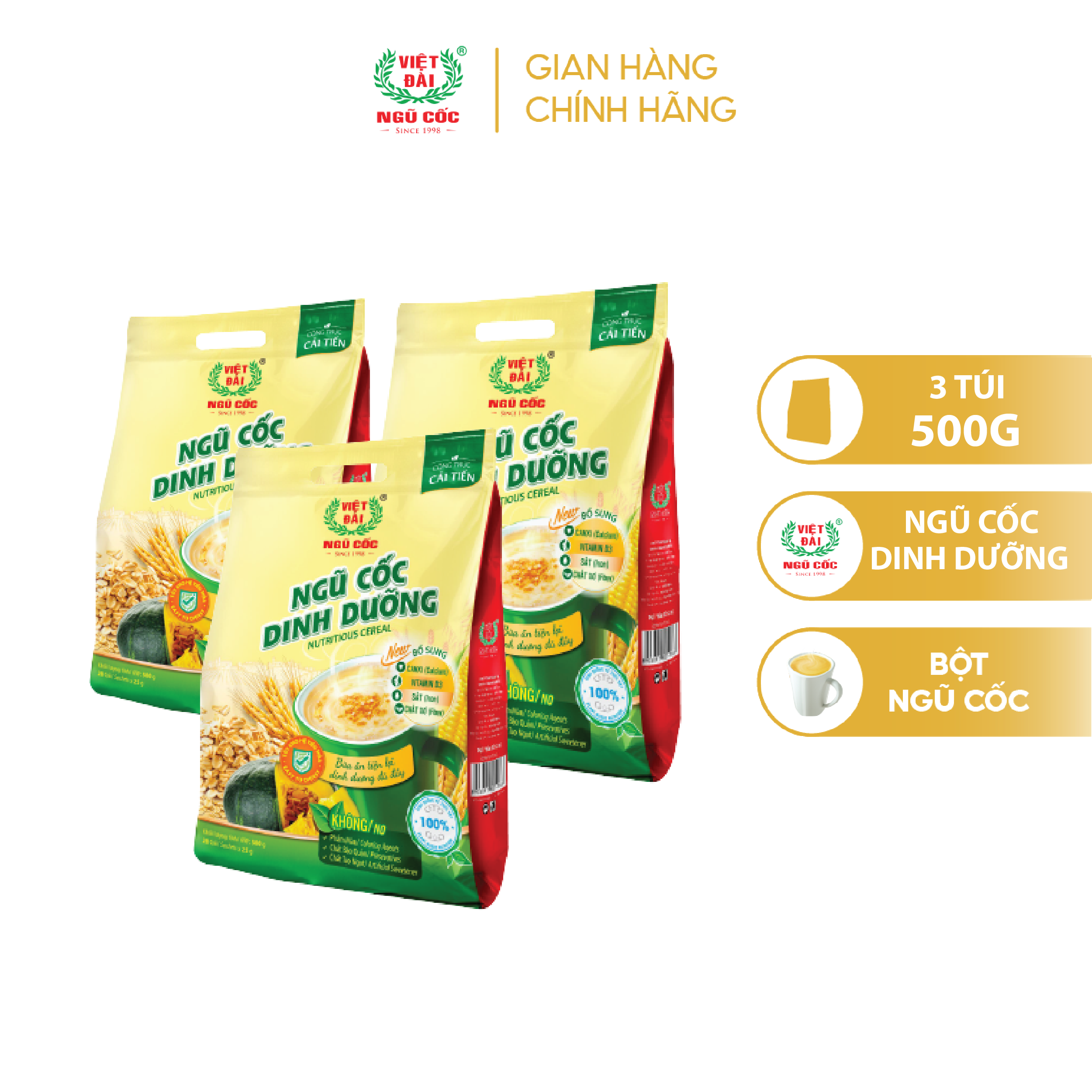 Combo 3 Bột Ngũ Cốc Dinh Dưỡng VIỆT ĐÀI Bổ Sung Các Chất Dinh Dưỡng Tốt Cho Hệ Tiêu Hóa Túi 500g