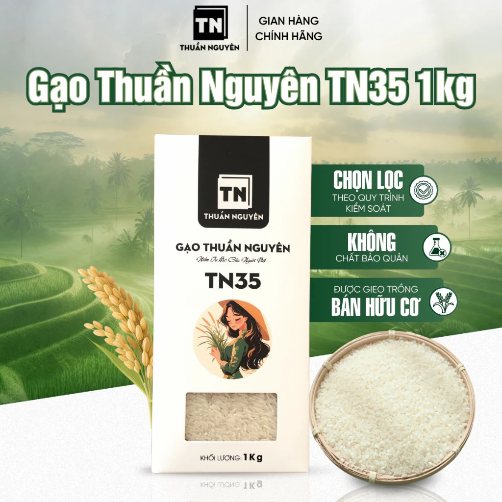 1 Hộp Gạo Thuần Nguyên TN35 1Kg - Cơm dẻo - Thơm lá dứa - Hậu Ngọt - Chọn lọc từ vùng trồng Đồng Tháp