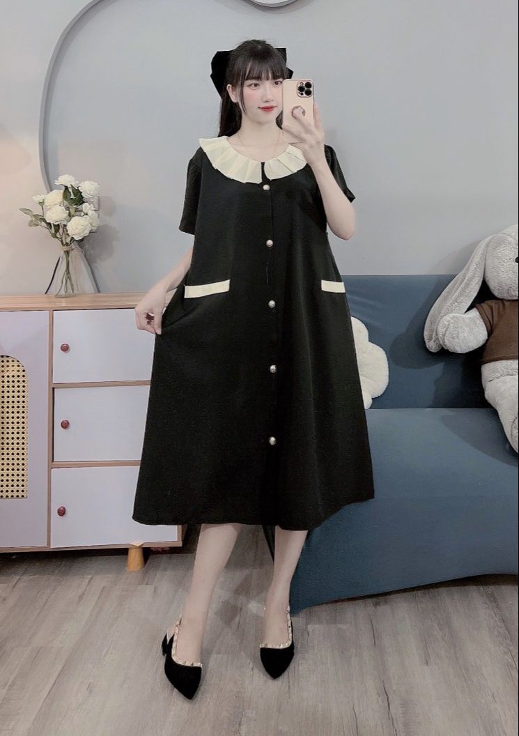Váy bầu bigsize công sở phối cổ nơ