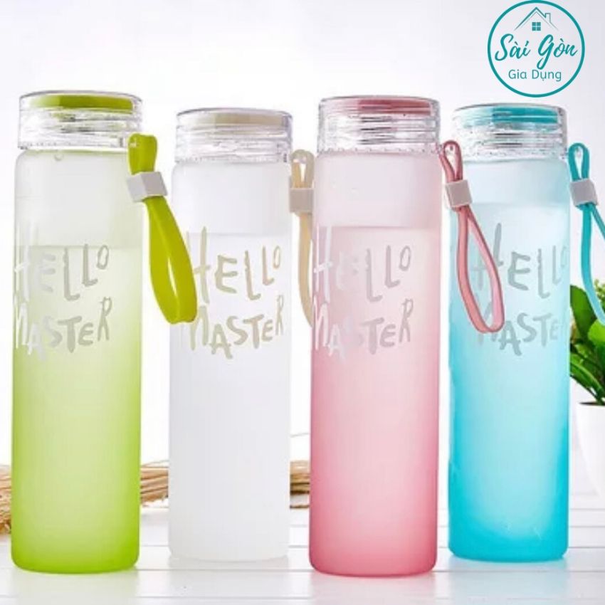 Bình thuỷ tinh đựng nước hello master có dây xách nhiều màu sắc dung tích 420ml sg-a001-2