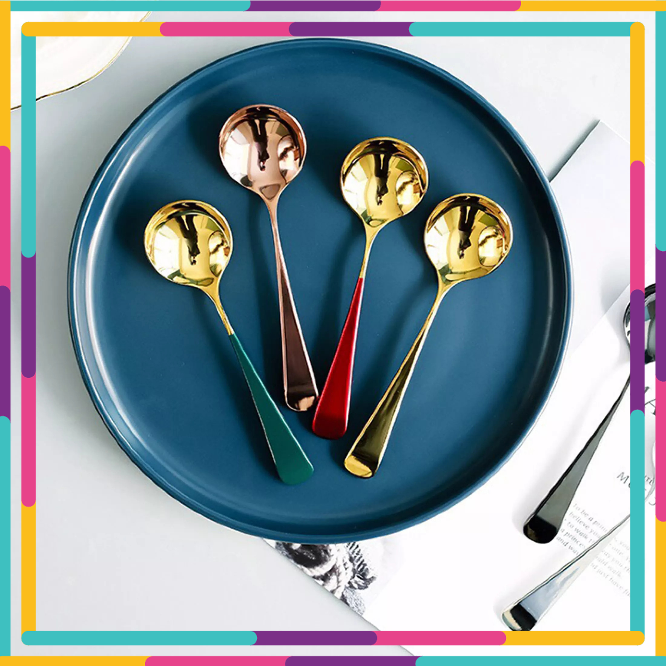 (COMBO 5 ) Thìa mạ vàng- Thìa mạ vàng inox cao cấp- thìa mạ vàng hình tròn.-Muỗng ăn cơm gia đình mạ vàng-thìa inox mạ vàng chắc chắn bền đẹp- Kích thước Cán dài 15,5cm, đường kính 4,2cm
