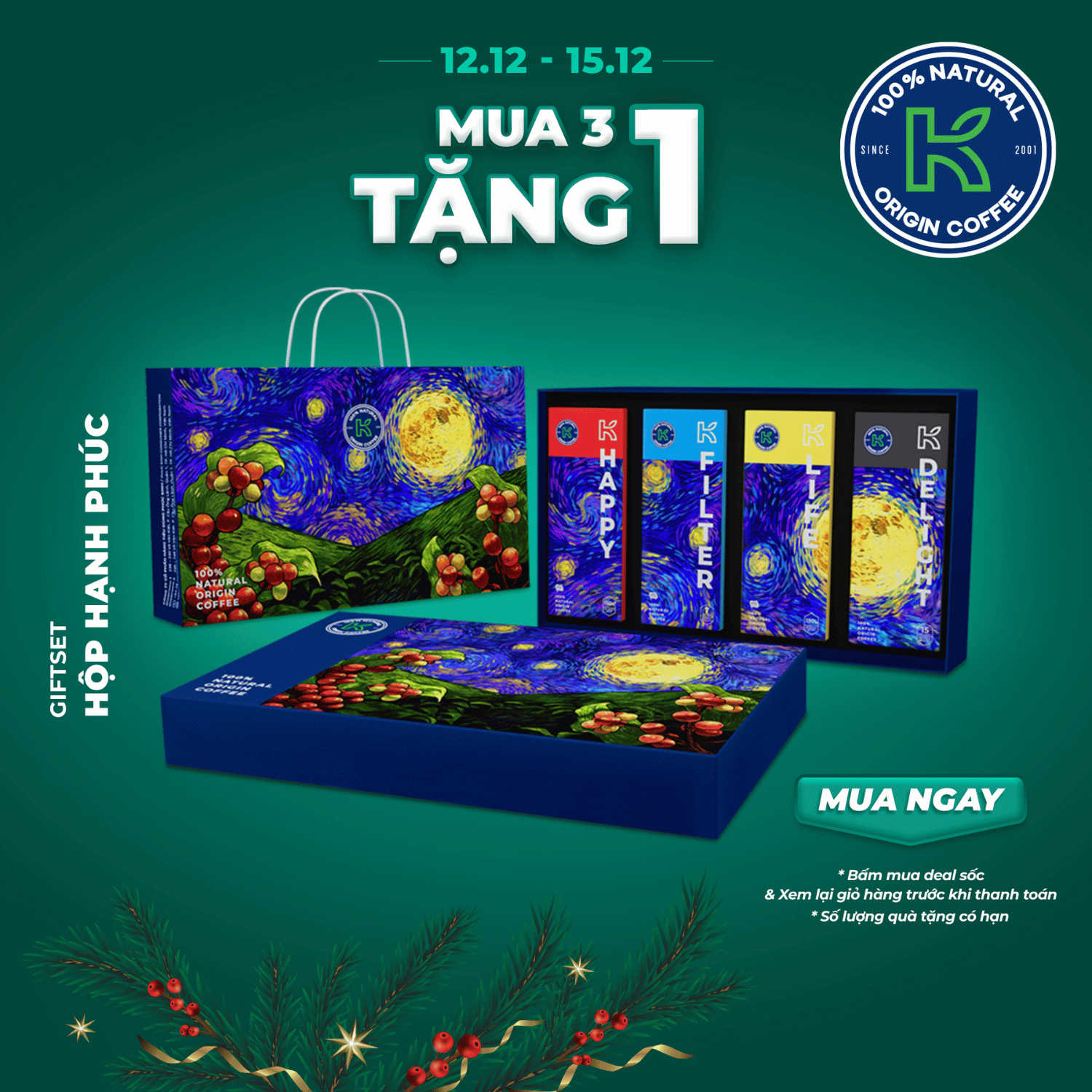 [MUA 3 TẶNG 1] Hộp Quà Tặng Cà Phê Hộp Hạnh Phúc "HAPPY LIFE BOX" (Cà Phê Rang Xay, Hòa Tan, Phin Giấy) - Thương Hiệu K COFFEE