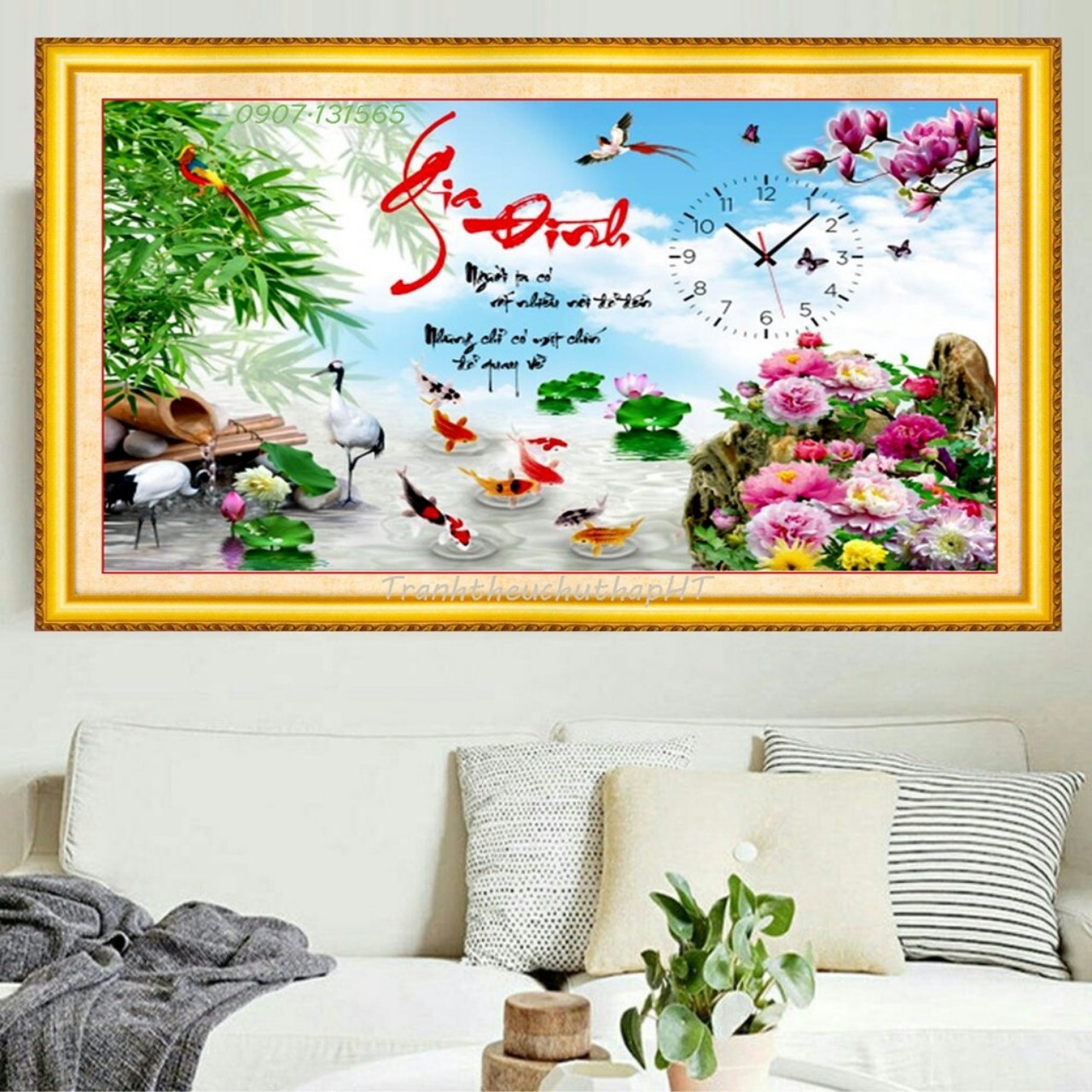Tranh đính đá đồng hồ gia đình 80x53cm - chưa đính