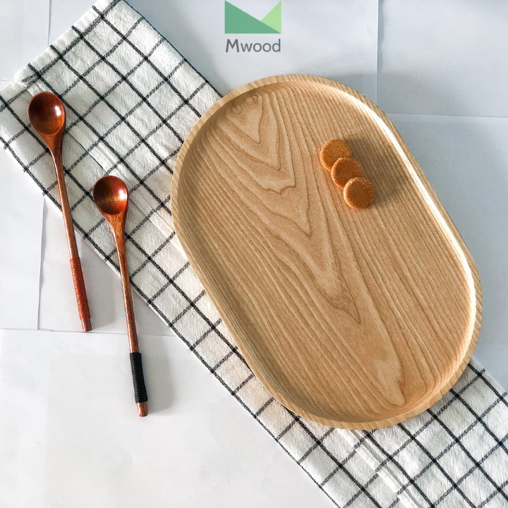Khay gỗ decor oval Mwood, khay gỗ Ash decor đựng đồ ăn chụp ảnh kích thước 30x20cm